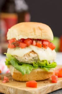 Bruschetta turkey burger slider on cutting board