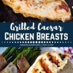 Grilled caesar chicken breasts collage. Top chicken breasts cooking on the grill, bottom grilled chicken breast and bacon wrapped asparagus on a plate