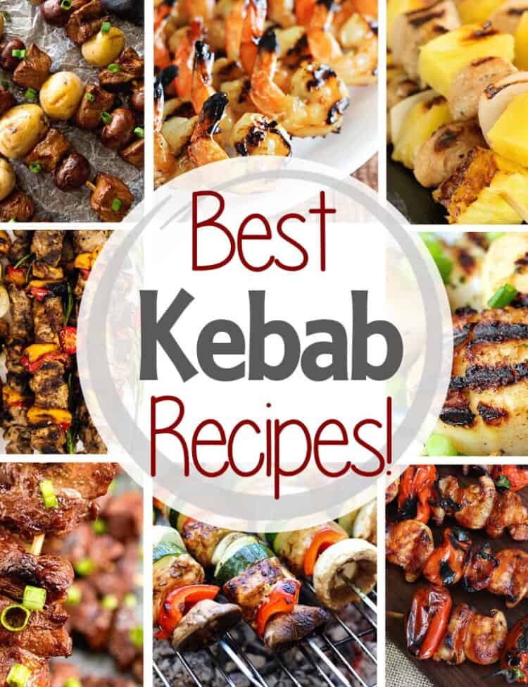 Best kebab recipes text with background of eight kebab pictures