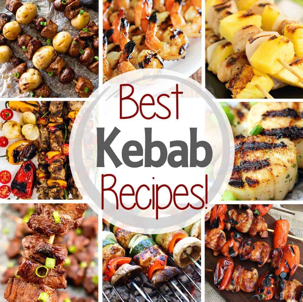 Square Kebab Collage. Eight photos of kebabs as a background to text best kebab recipes