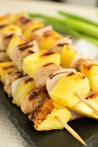 Chicken and Pineapple kebabs on a slate tray