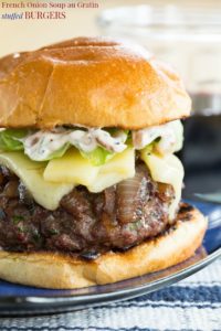 French onion soup au gratin stuffed burger on plate