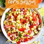 Grilled corn salsa in white bowl