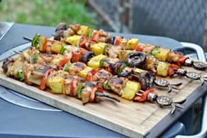 Honey porter glazed kebabs on cutting board