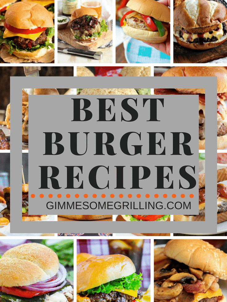 Fourteen pictures of hamburgers as the background for text Best burger recipes