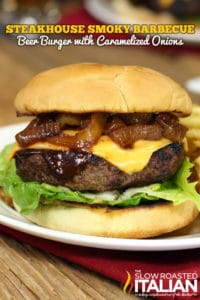 Steakhouse smokey barbecue beer burger with caramelized onions on plate