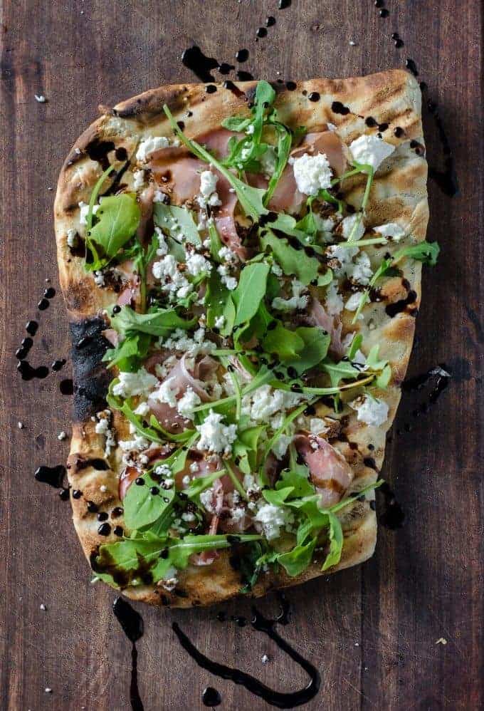 Grilled Flatbread with Proscuitto, Arugula, Goat Cheese, and Balsamic