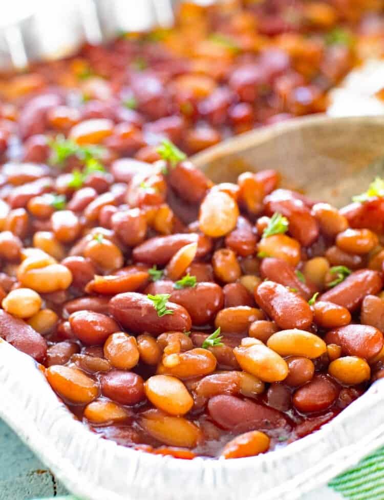 Grilled BBQ Baked Beans in foil pan