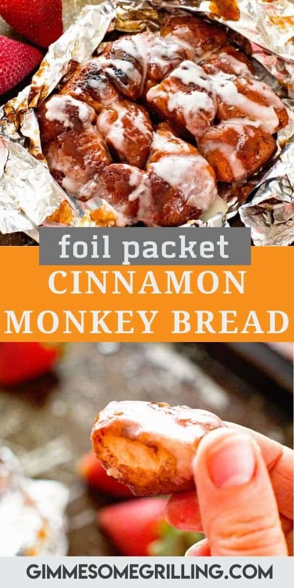 This quick easy foil packet breakfast is so delicious! Cut up your cinnamon rolls, toss them in sugar and cinnamon then grill them on the grill or over a campfire and you have Cinnamon Monkey Bread Foil Packets. Top them with icing and you have delicious breakfast with easy cleanup. #foil #packet via @gimmesomegrilling