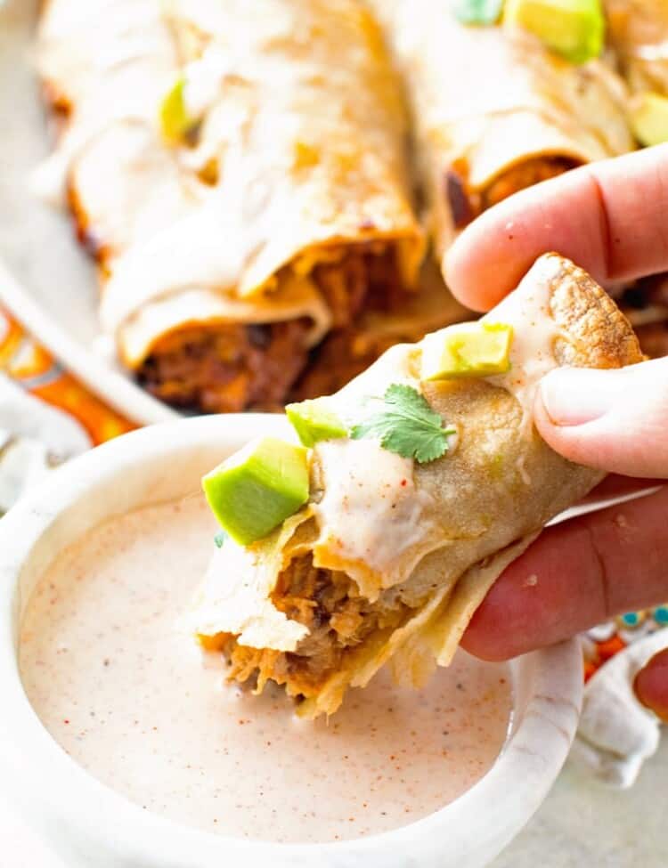 Taquito dipped in chipotle ranch dressing