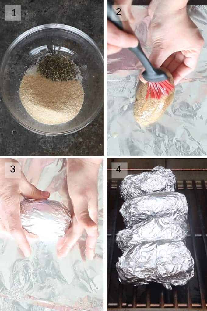 Collage of four images showing how to make baked potato on grill.