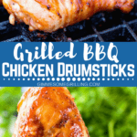 Grilled BBQ Chicken Drumsticks collage. Top chicken drumsticks on the grill, bottom image hand holding a grilled bbq chicken drumsticks