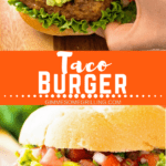 Taco Burger Collage. Top image of a hand holding a taco burger, bottom up close image of a taco burger