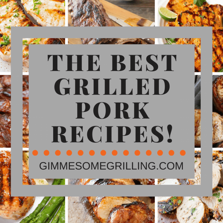Grilled Pork Recipes Collage. Eight background images of grilled pork behind text reading the best grilled pork recipes