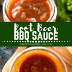 Root beer bbq sauce collage. Top image of bbq sauce on a wood spoon, bottom image of bbq sauce in a glass jar.