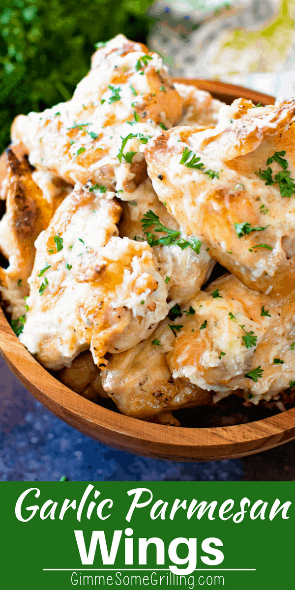 Crispy, tender grilled chicken wings with a Parmesan garlic sauce! These Grilled Garlic Parmesan Chicken Wings are perfect for a quick party appetizer, tailgating recipe or a fun dinner! You'll be licking your fingers they are so delicious! #tailgating #chicken #wings #chickenwings #garlic #parmesan #grill #grilling #recipe #recipeidea #recipeinspiration #gimmesomegrilling