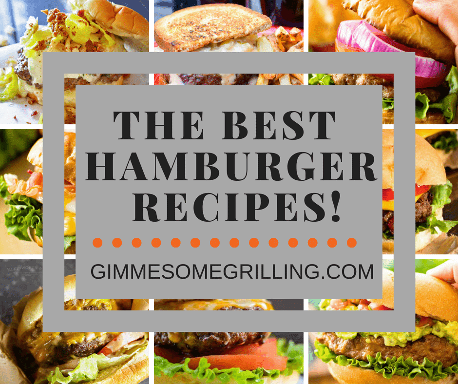 The Best Hamburger Recipes Collage Square. Eight images of hamburgers are the background to the text "the best hamburger recipes"