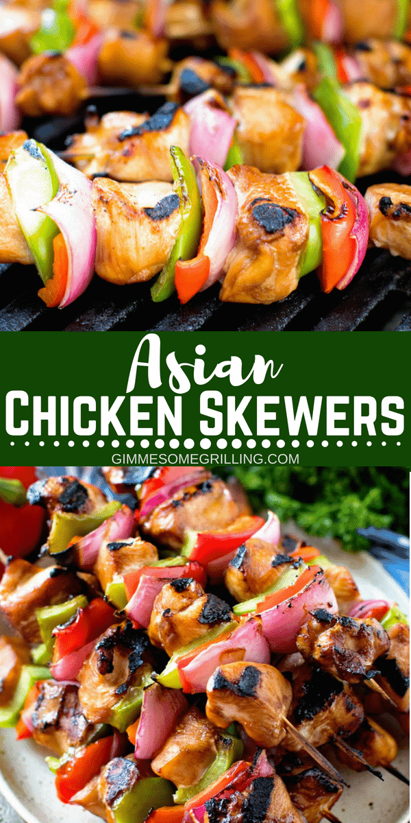 Tender, juicy chicken on skewers with peppers and onions make these Asian Chicken Skewers the perfect quick dinner recipe! They are also so delicious they can easily be served when you entertain! #chicken #asian #marinated #skewers #kebabs #kabobs #peppers #onion #grill #grilling #gimmesomegrilling #easy #easyrecipe #grillingrecipe