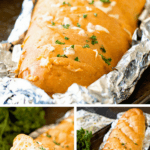 Cheesy Grilled Garlic Bread Collage. Top close up image of garlic bread loaf in tin foil, bottom left image of a hand holding cheesy garlic bread slice, bottom right overhead image of cheesy garlic bread in tin foil.
