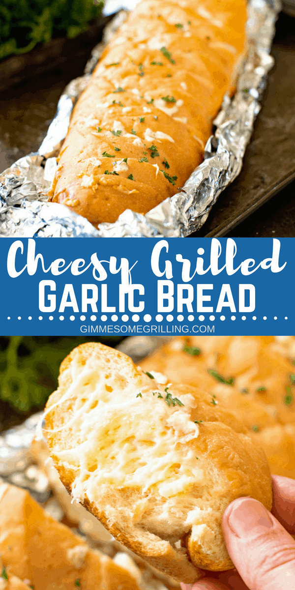 Delicious Cheesy Grilled Garlic Bread is made right on your grill! You are going to love this perfectly toasty, crunchy garlic bread with cheese! The perfect side dish for your meal on the grill! #grill #grilled #cheese #bread #garlic #garlicbread #grilling #recipe #easy #easyrecipe #sidedish #gimmesomegrilling via @gimmesomegrilling
