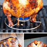 Grilled Beer Can Chicken Collage. Top image of beer can chicken on grill, bottom left image of grilled chicken on sheet pan, bottom right beer can chicken on grill.