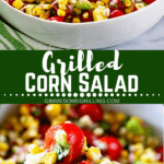 Grilled Corn Salad Collage. Top grilled corn salad in white bowl, bottom image of a spoon full of corn salad.