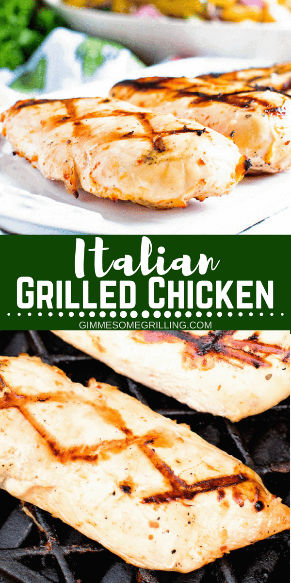 These quick, juicy grilled chicken breasts are marinated in Italian dressing for a delicious dinner recipe. Italian Grilled Chicken Breasts are the perfect easy weeknight grilling recipe everyone is sure to enjoy! #grill #grilling #recipe #easy #grillrecipe #easyrecipe #chicken #chickenbreast #marinated #italian #gimmesomegrilling