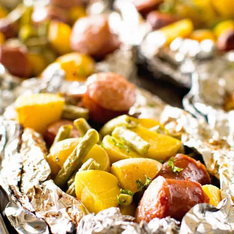 Foil Packet with sausage green beans and potatoes