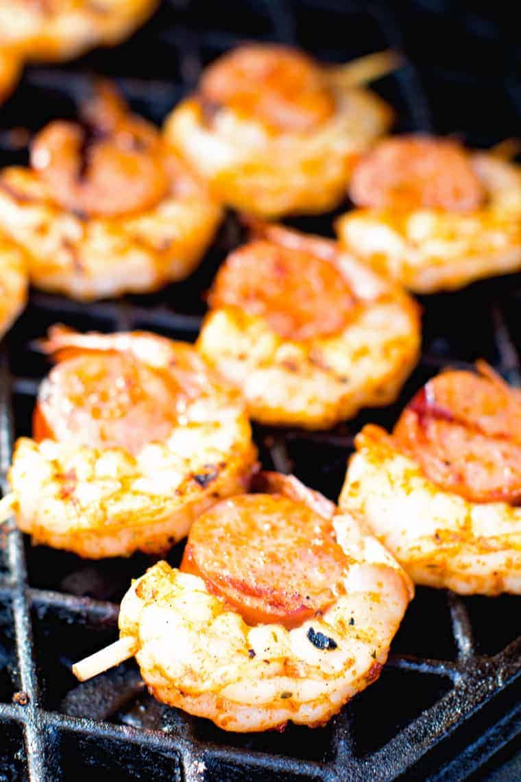 Sausage and shrimp kababs on grill