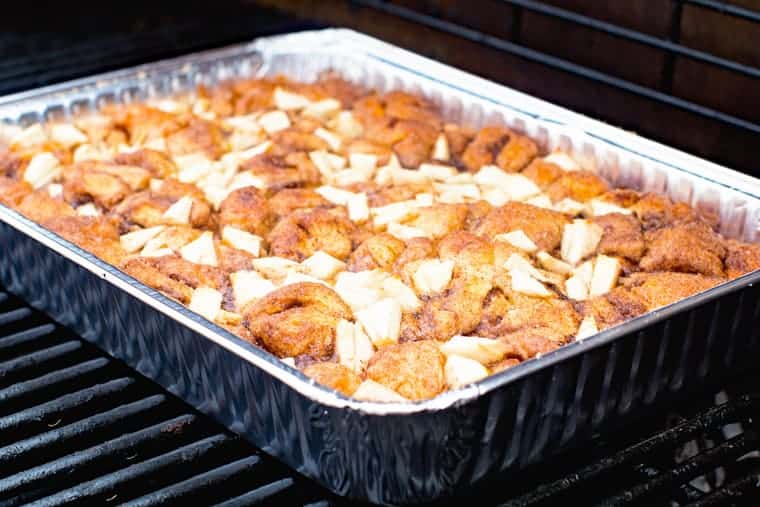 Apple Monkey Bread on Grill in foil pan for grilled breakfast