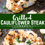 Grilled Cauliflower Steak Collage. Two close up images of grilled cauliflower on a metal pan