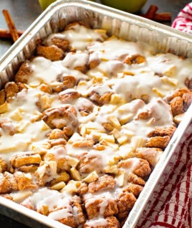 Cinnamon Apple Monkey Bread in a foil pan for camping breakfast