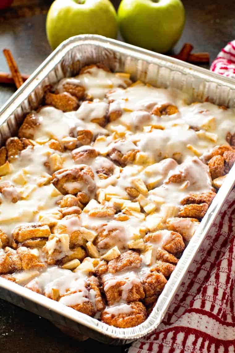 Cinnamon Apple Monkey Bread in a foil pan for camping breakfast