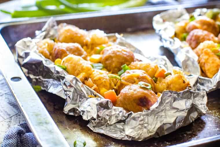 Foil Packets Meatball Tater Tot Vegetables on sheet pan