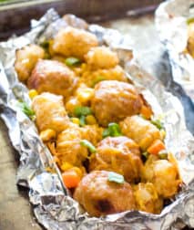 Tater Tot Meatball Foil Packet Meals on sheet pan