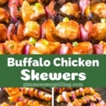 Buffalo Chicken on Skewers collage. Three close up images of grilled skewers.