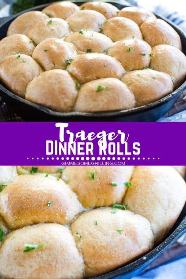 Soft, pillowy dinner rolls made on your electric smoker! These are the perfect side for your holiday meal all made on your Traeger! Bake these pull apart rolls on your wood fired grill and then drizzle them with butter. They will be the first thing gone! #traeger #dinnerrolls