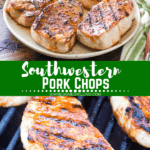 Southwestern pork chops collage. Top image of four pork chops on white plate, bottom image of pork chops on the grill.