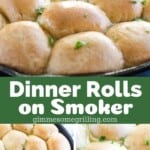 Traeger Dinner Rolls collage. Three close up images of dinner rolls in skillet