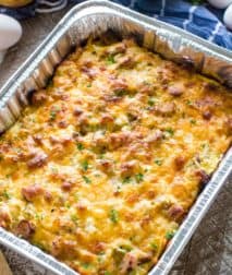sausage and egg breakfast casserole in tin pan