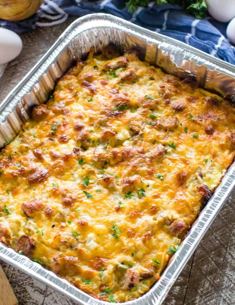 sausage and egg breakfast casserole in tin pan