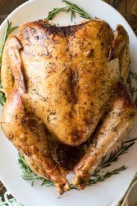 Smoked Turkey on white platter overhead