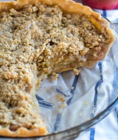 Smoked Apple Crumble Pie with piece missing