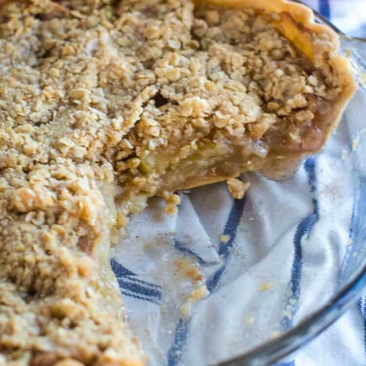 Smoked Apple Crumble Pie with piece missing
