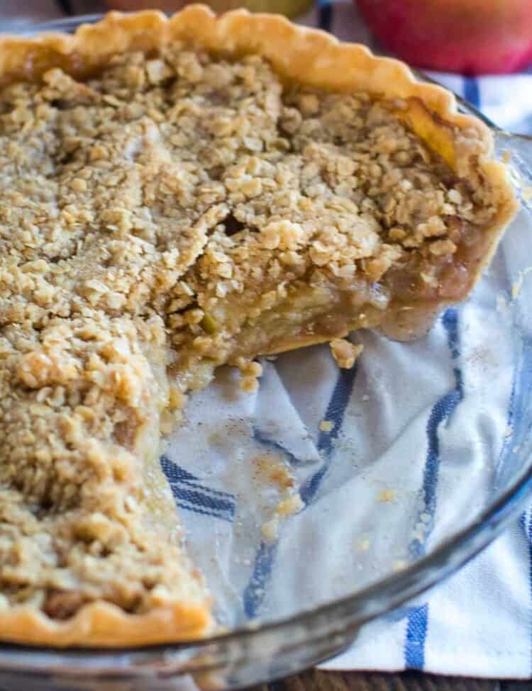 Smoked Apple Crumble Pie with piece missing