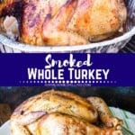 Smoked Whole Turkey collage. Top image of whole turkey in foil pan, bottom image of turkey on serving tray