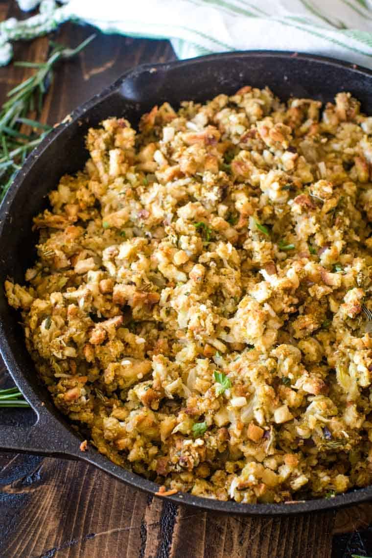 Smoked stuffing in cast iron skillet