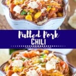 Pulled Pork Chili collage. Two close up images of pulled pork chili in a bowl