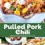 Pulled Pork Chili collage. Three different angles of pulled pork chili in a bowl