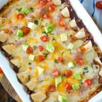 Pan of pulled pork enchiladas